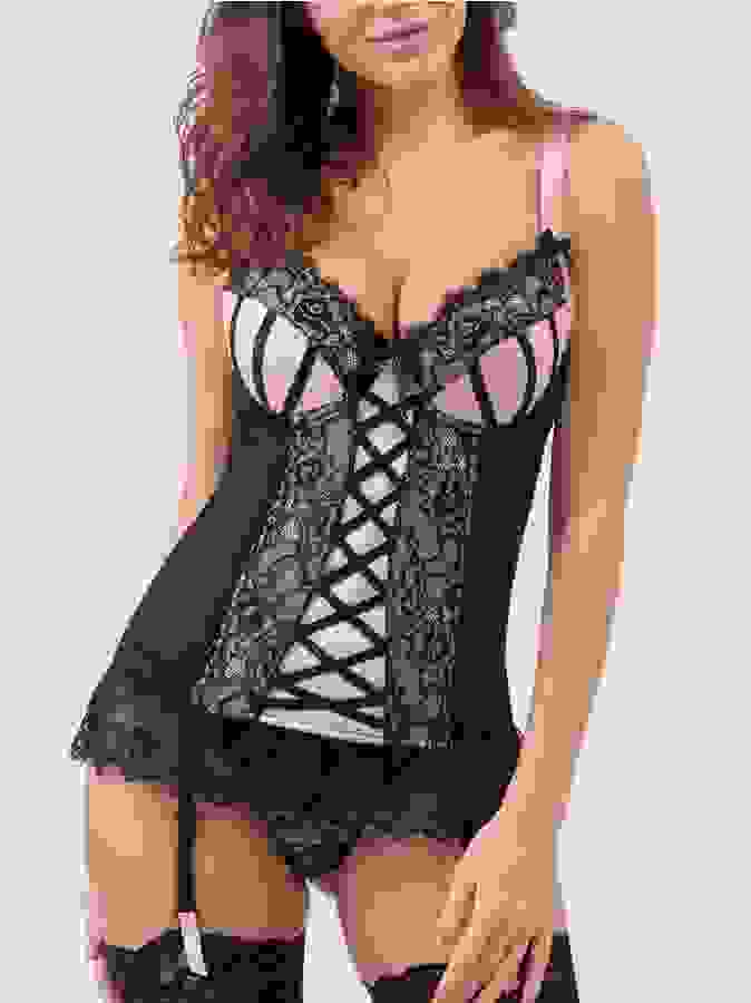 Lovehoney Boudoir Belle Blush Pink Push-Up Basque Set, Pink, hi-res
